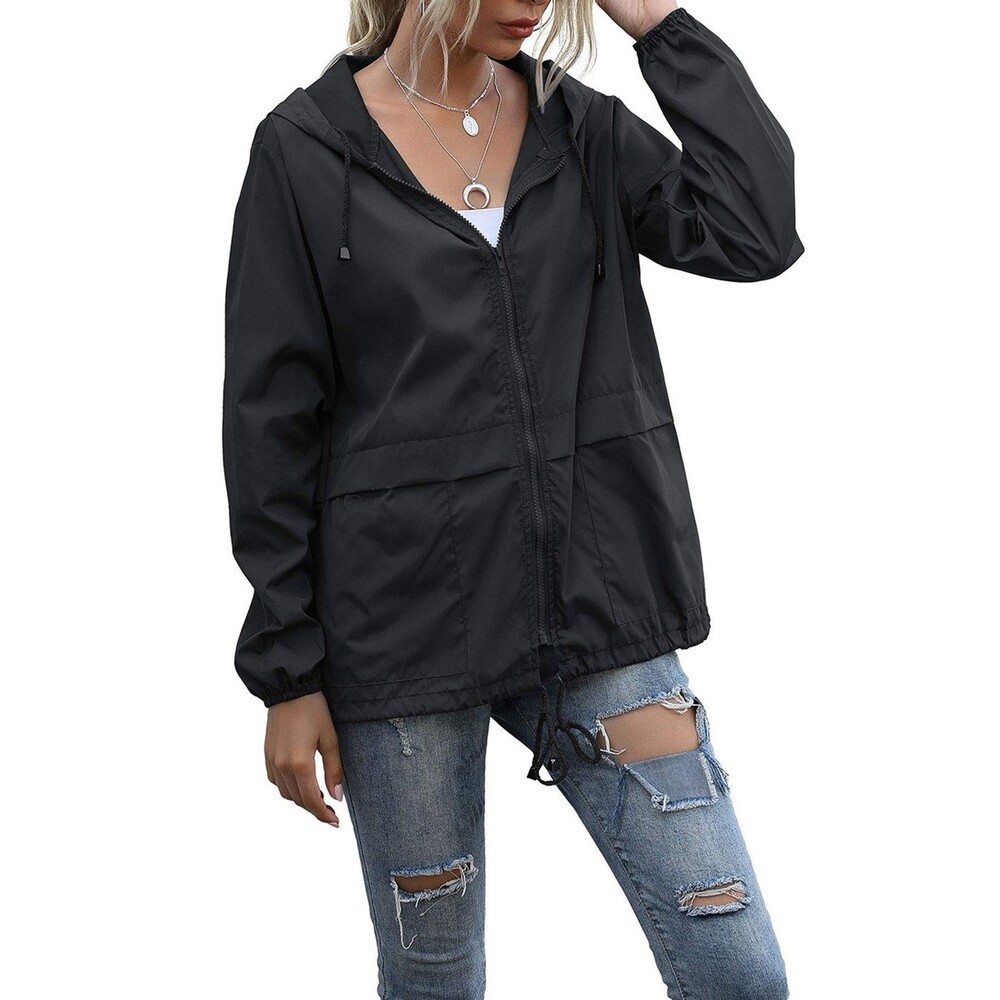 PESION Women's Rain Jacket S Lightweight Waterproof Hooded Windbreaker Black NWT